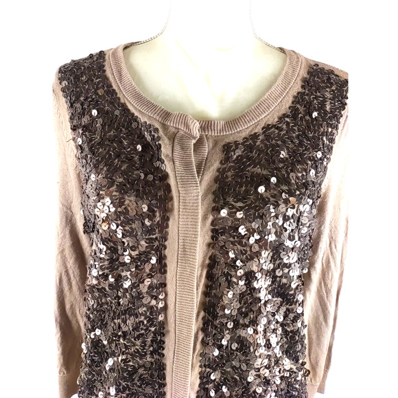 Talbots Women Sequins Snap Sweater Cardigan Long Sleeves Size L Color Tan - Picture 2 of 9